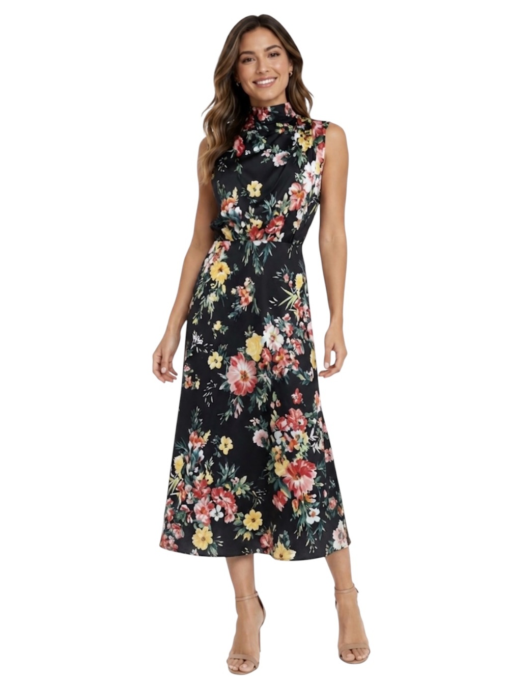 Maurices Black Floral Funnel Neck Satin Midi Dress Size Medium